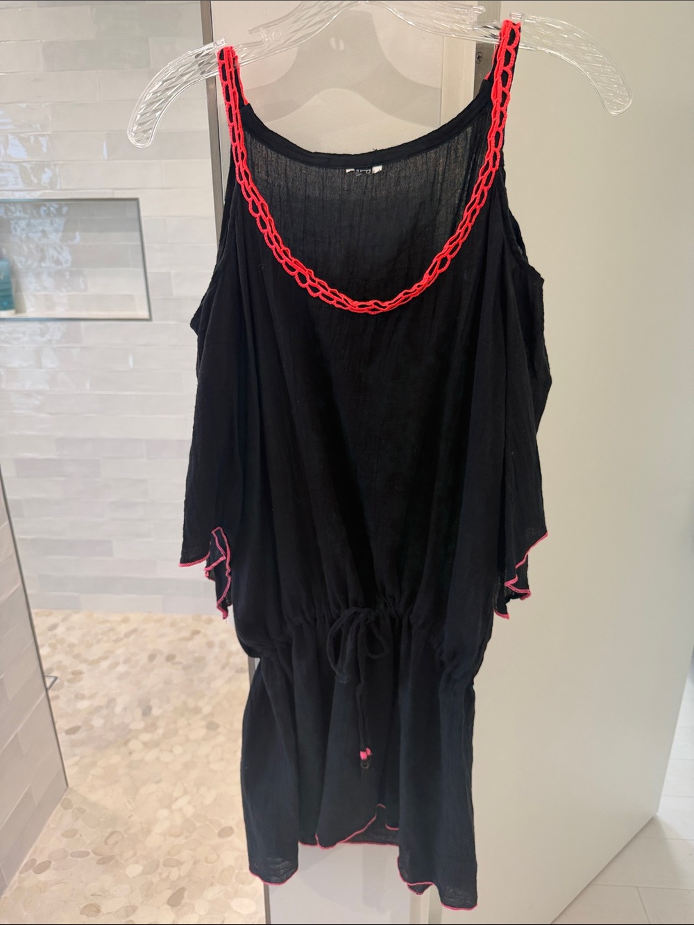 BECCA Black Peekaboo Shoulder Drawstring Coverup with Neon Orange Trim
